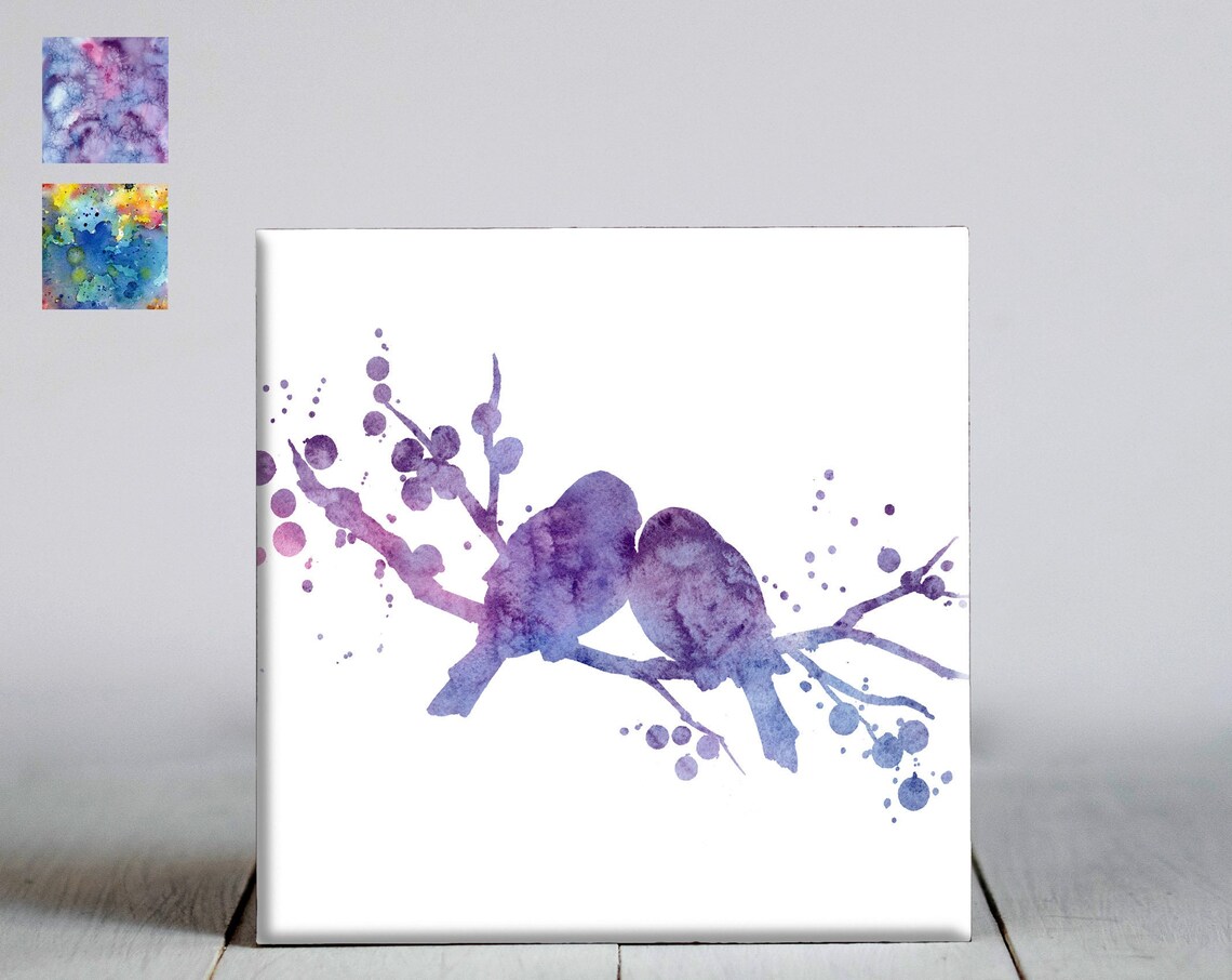 Purple Watercolor Lovebirds Pair on Branch Bird Silhouette Wall Art