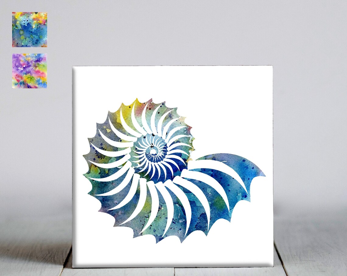 Blue Spiral Watercolor Nautilus Seashell Ocean Decor Wall Art