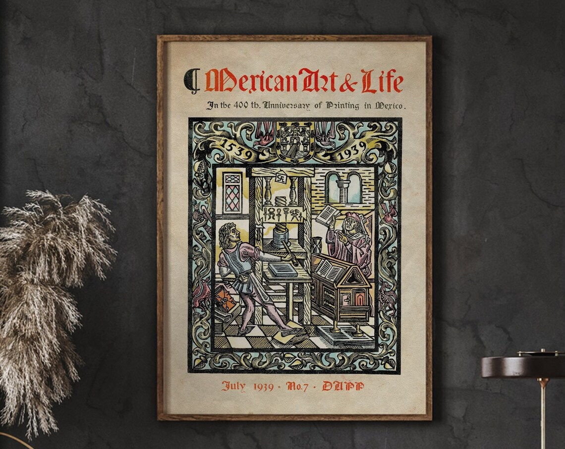 Mexican Art and Life 1939 Press Anniversary Woodcut Style Poster