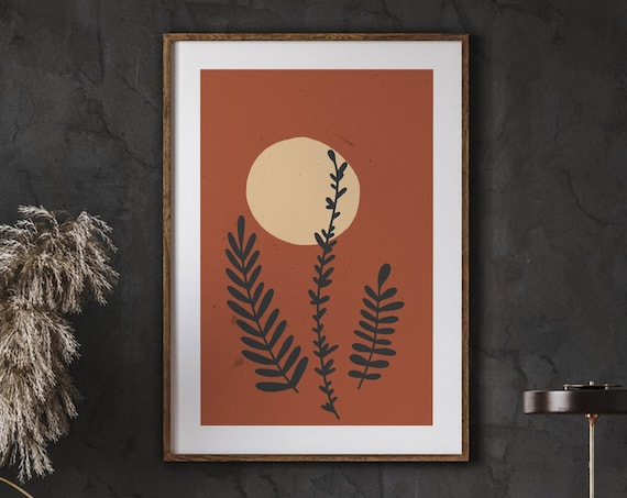 Black Leaf Stems Silhouette Burnt Orange Moon Minimal Sunset Botanical Poster