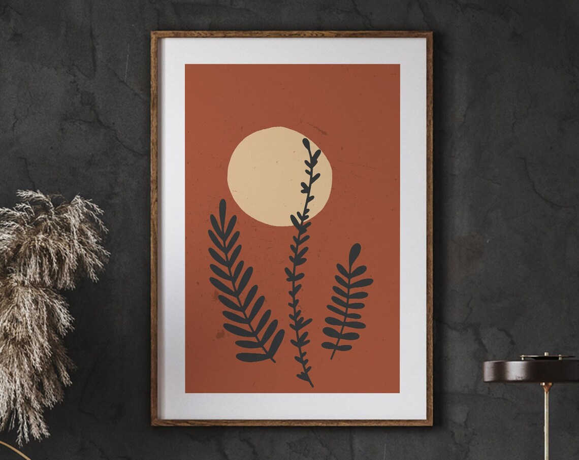 Black Leaf Stems Silhouette Burnt Orange Moon Minimal Sunset Botanical Poster