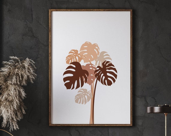 Monstera Bouquet Art Print Brown Color Farmhouse Wall Minimalist Leaf Stems Boho Home Decor Neutral