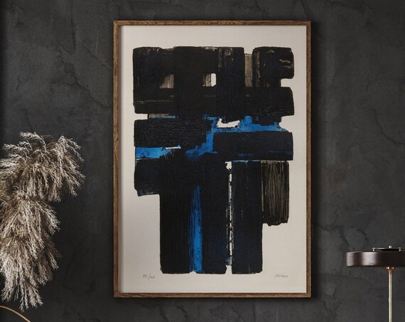 Abstract Black and Blue Geometric Brushstroke Modern Art Print