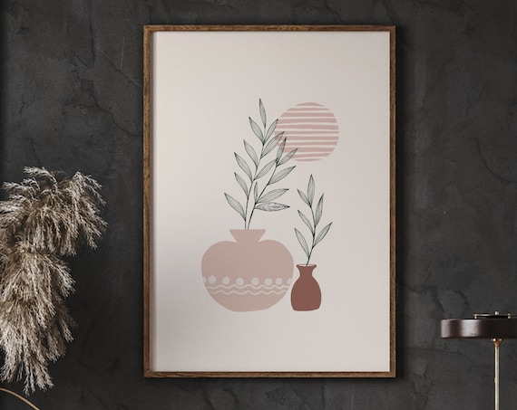 Potted Plant Line Art Poster Terracotta Pots Botanical Boho Minimalist Decor