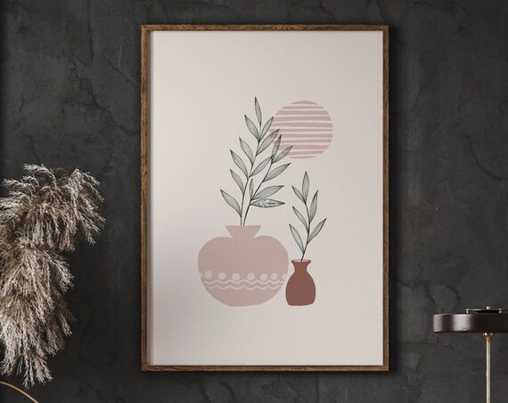 Potted Plant Poster Minimal Line Botanical Art Sunset Boho Pottery Wall Home Decor Neutral Print