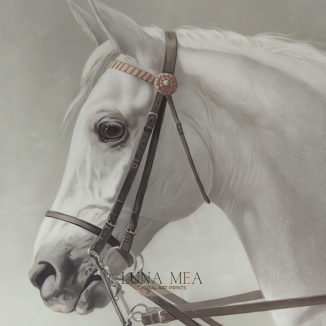 White Horse Portrait Painting Vintage Equestrian Art Antique Wall Art - Image 3