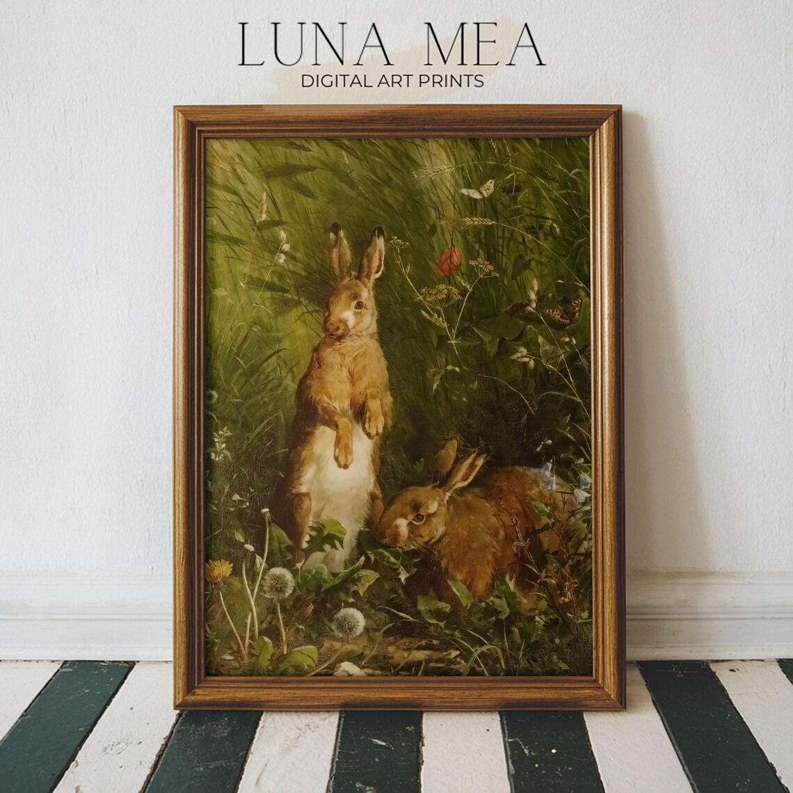 Vintage Hares In Tall Grass Botanical Wildlife Painting Rabbit Pair Art Poster