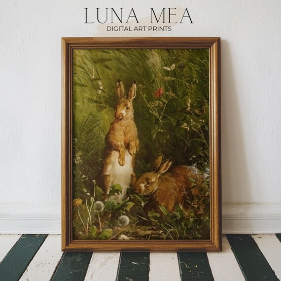 Vintage Hares In Tall Grass Botanical Wildlife Painting Rabbit Pair Art Poster