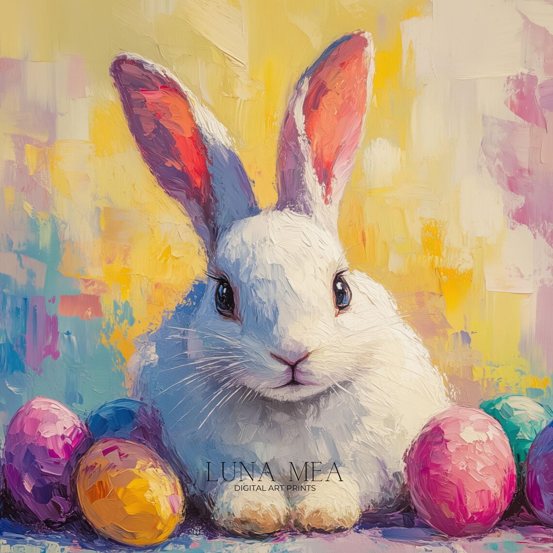 Modern Impressionist White Rabbit With Colorful Easter Eggs Artwork Poster - Image 3
