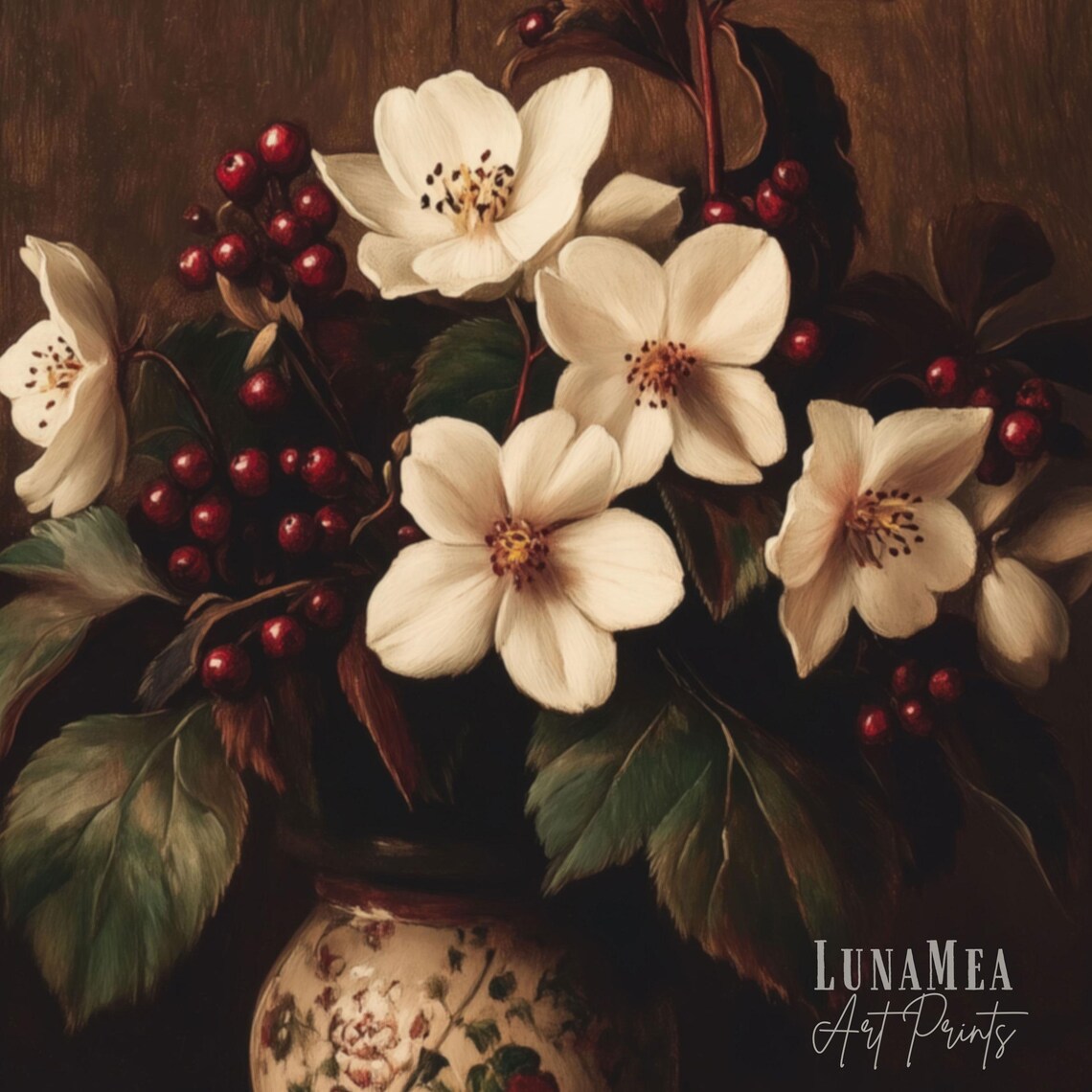 Rustic Winter Flower Still Life White Blossoms Red Berries Painting Wall Art - Image 3