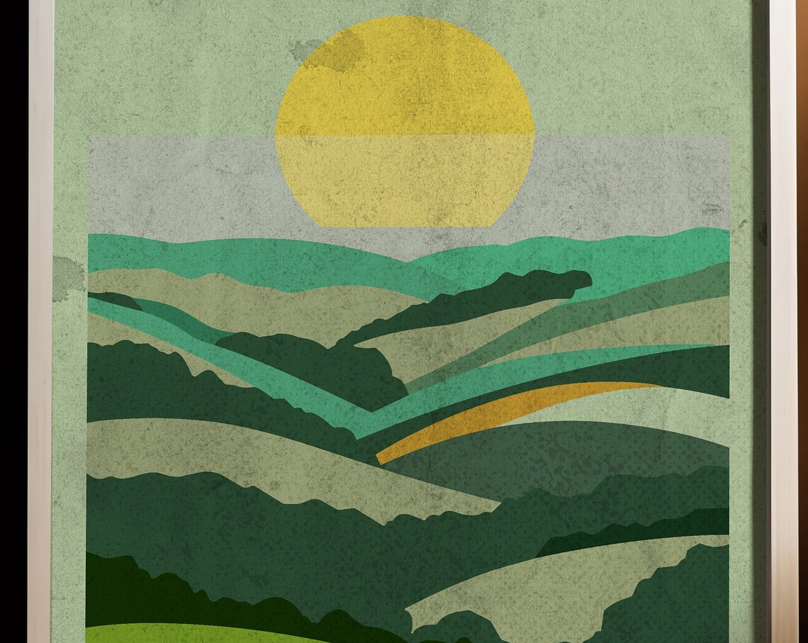 Green Rolling Hills Golden Sunrise Geometric Abstract Wall Art