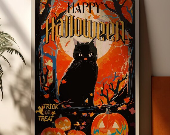 Happy Halloween Black Cat Trick or Treat Vintage Style Poster