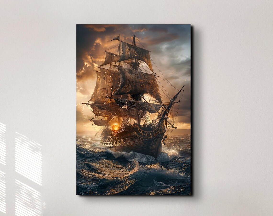 Tall Pirate Ship on Stormy Sea at Golden Sunset Sky Wall Art