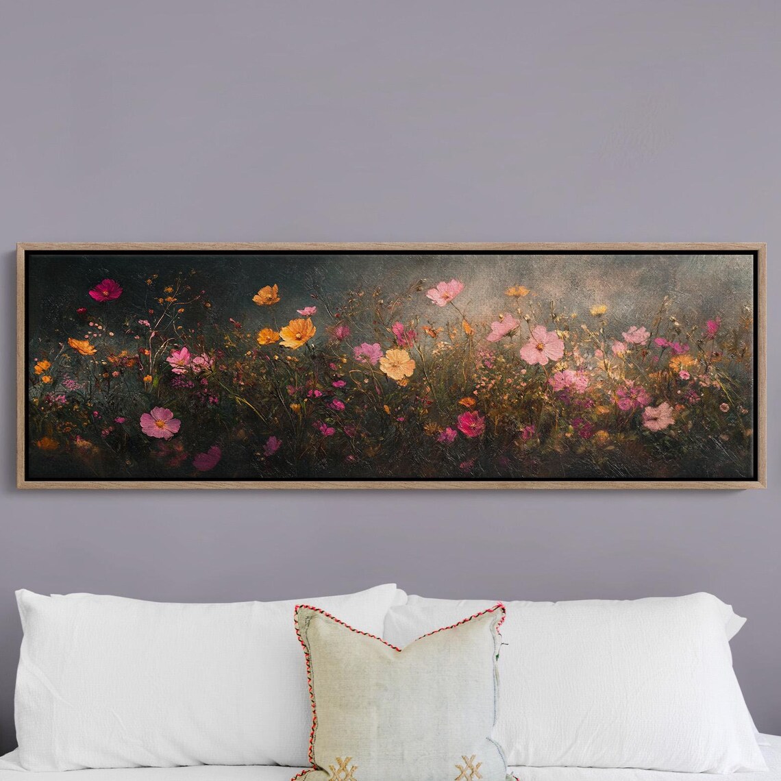 Dark Moody Wildflower Meadow Pink Blooms Night Floral Panoramic Poster