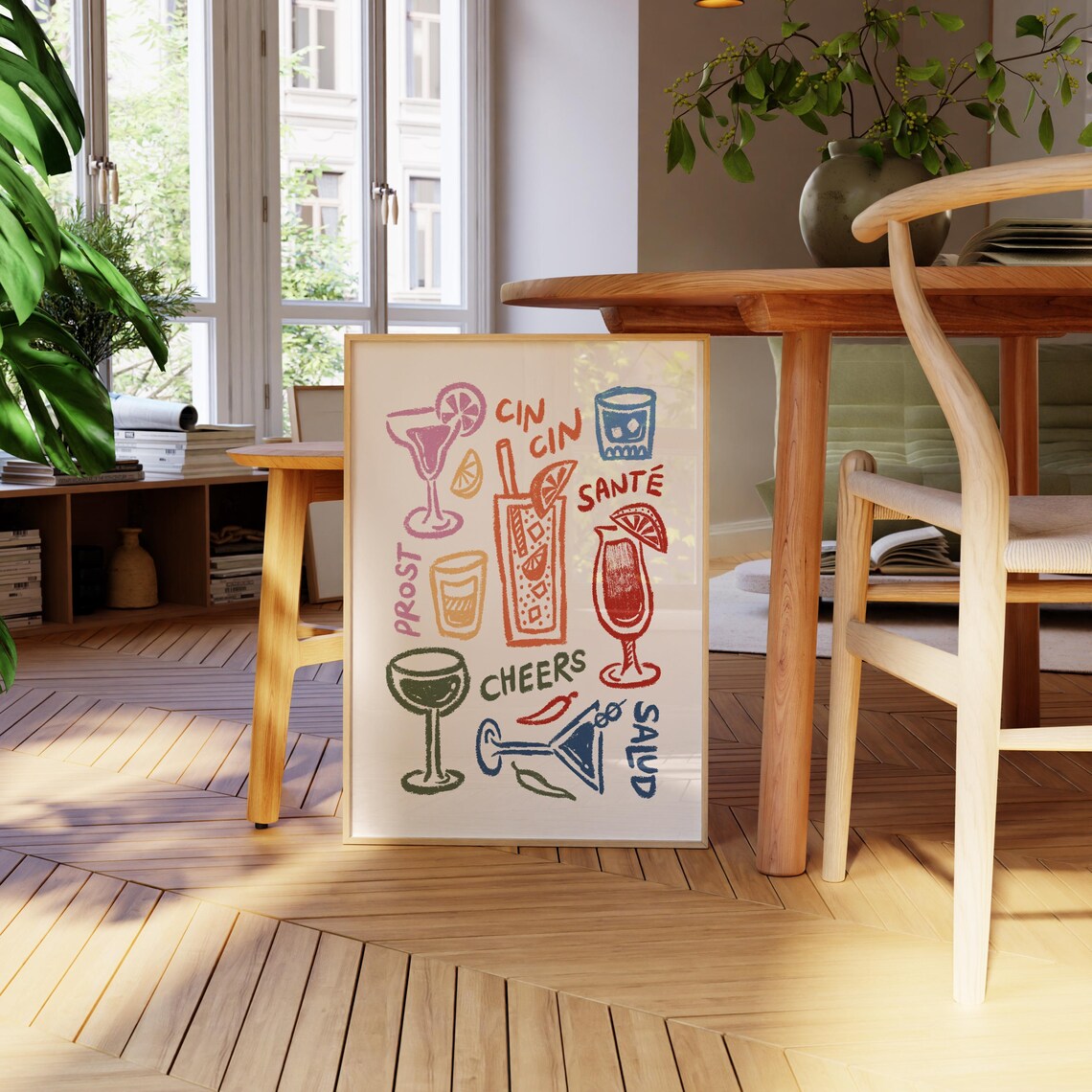 Cheers Colorful Drinks Poster, Funky Bar Cart Decor