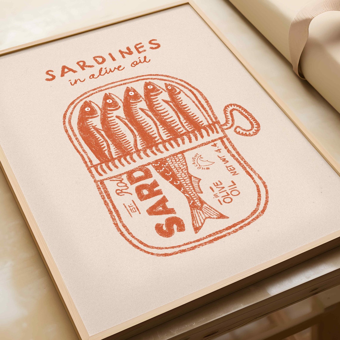 Sardines Olive Oil Tin Terracotta Hand Drawn Retro Kitchen Poster - Image 2