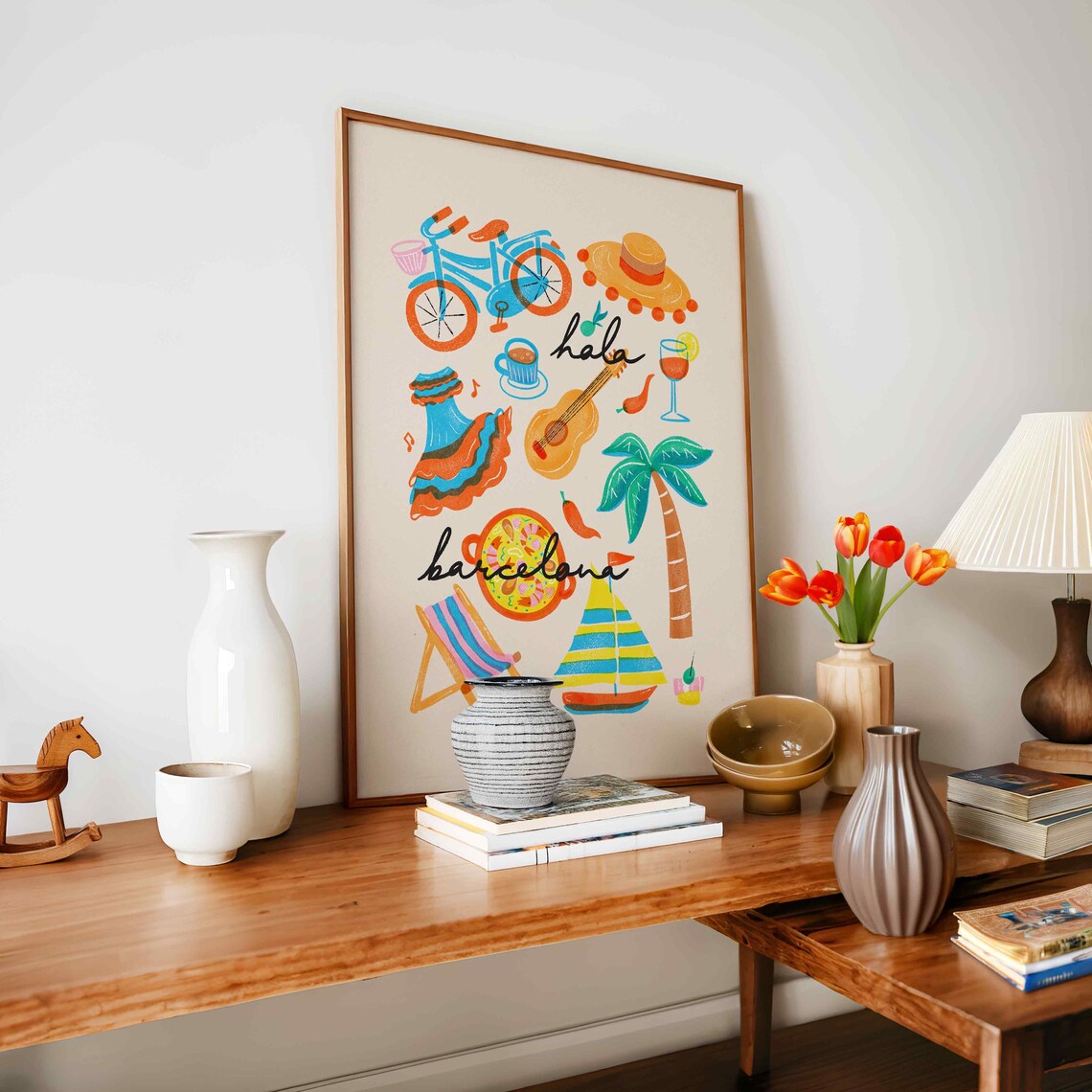 Hola Barcelona Colorful Retro Spain Travel Food Icons Wall Art - Image 5