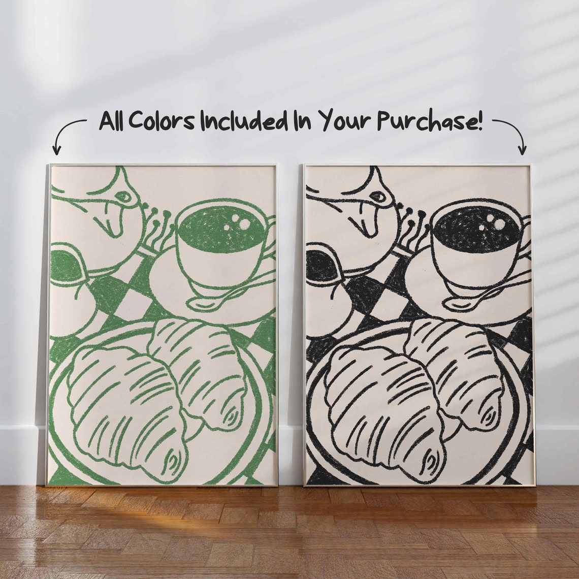 Paris Cafe Croissant Coffee Green Line Art French Kitchen Poster - Image 2