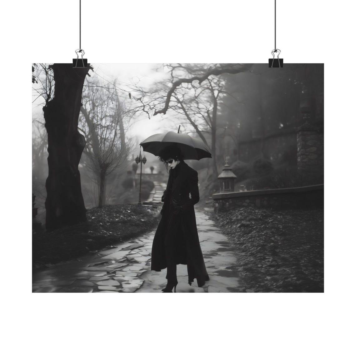 Black and White Gothic Woman with Umbrella in Foggy Park Poster