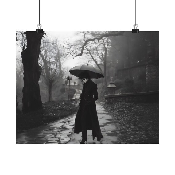 Black and White Gothic Woman with Umbrella in Foggy Park Poster