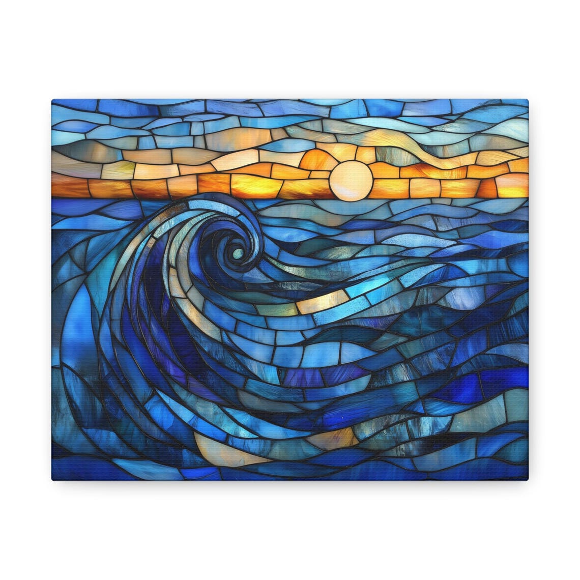 Large Stained Glass Blue Ocean Wave Under Golden Sunset Poster - Image 3