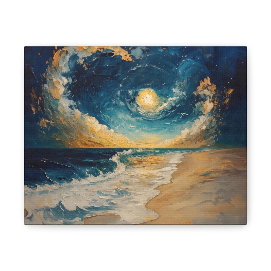 Moonlit Beach Night With Golden Clouds Over Ocean Waves Art Print - Image 3