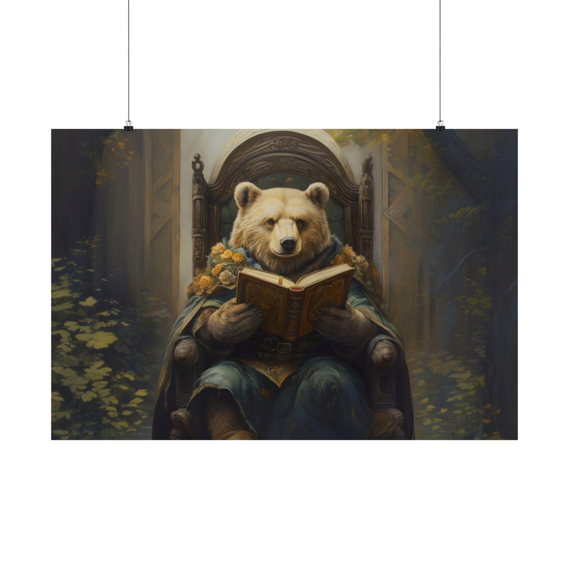 Scholar Bear Book Forest Chair Roses Fairytale Animal Wall Print - Image 3