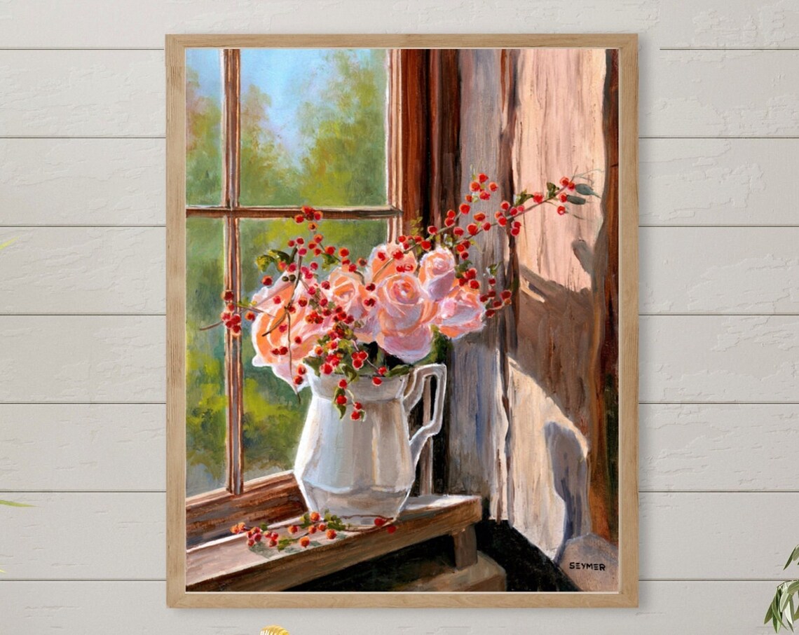 Pink Roses In Pitcher Window Still Life Floral Oil Painting Poster - Image 5