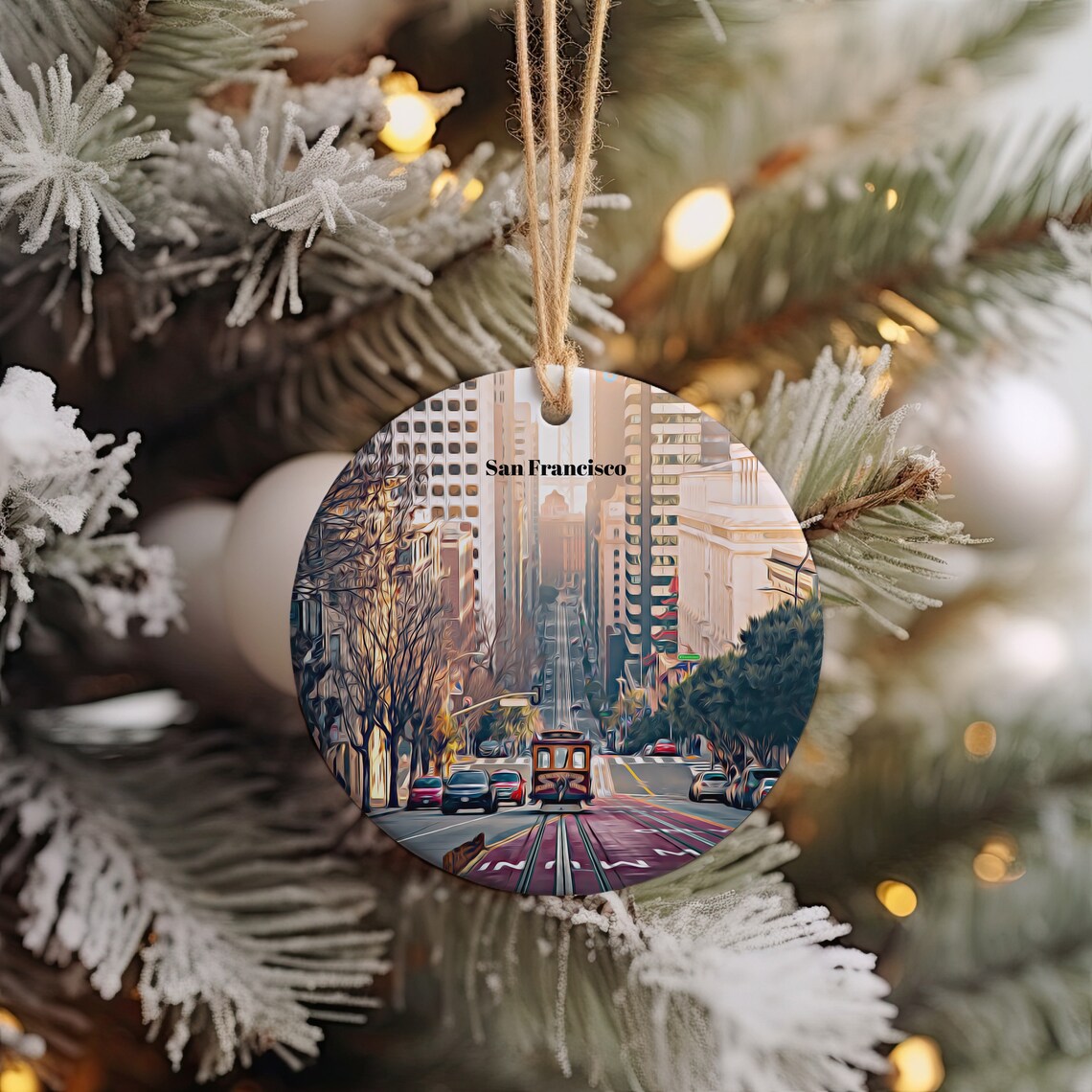 San Francisco Cable Car Street Scene Christmas Ornament Art Poster