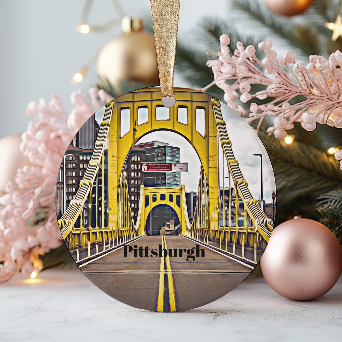 Pittsburgh Yellow Bridge Downtown Skyline City Landmark View Poster