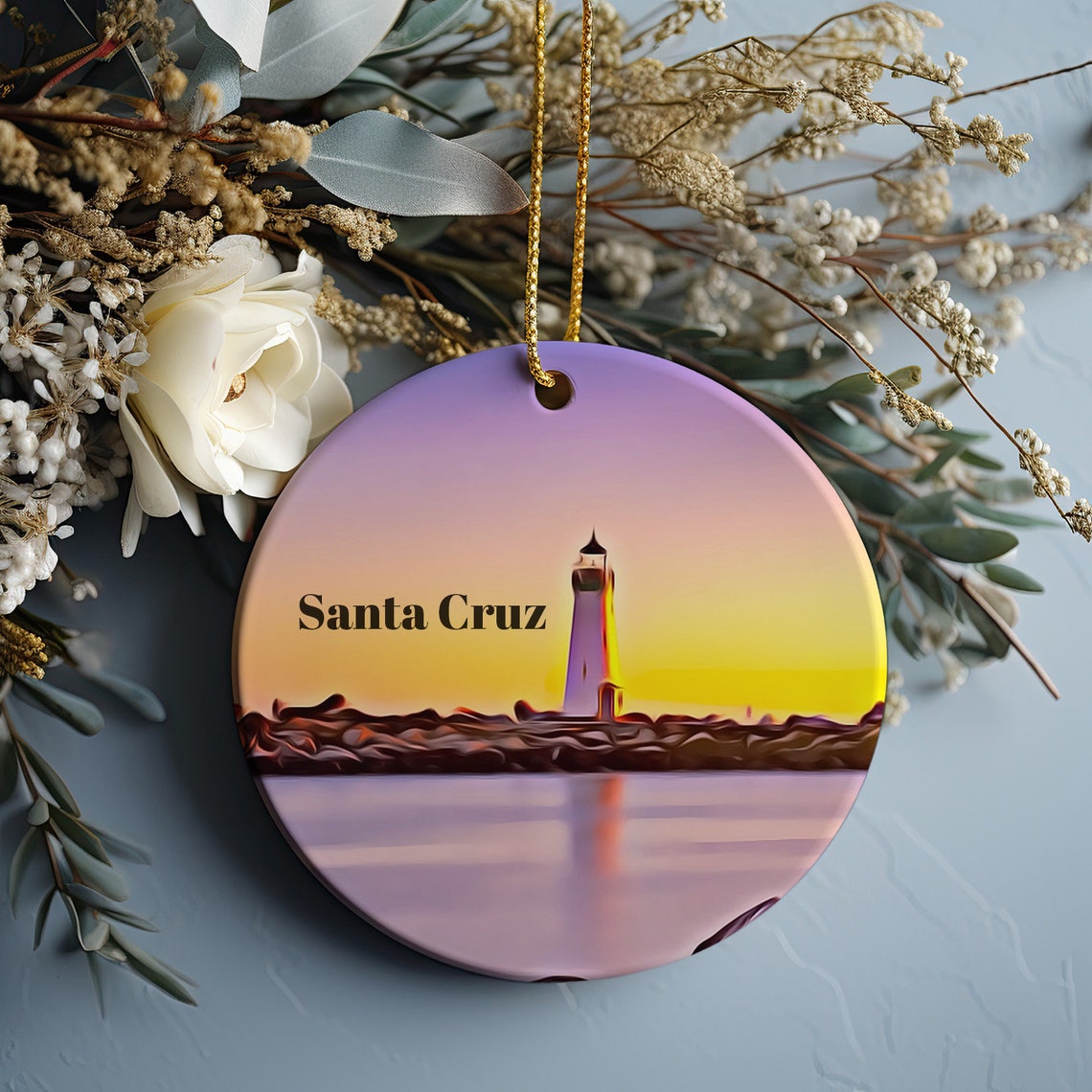 Santa Cruz California Lighthouse Sunset Ceramic Ornament Print