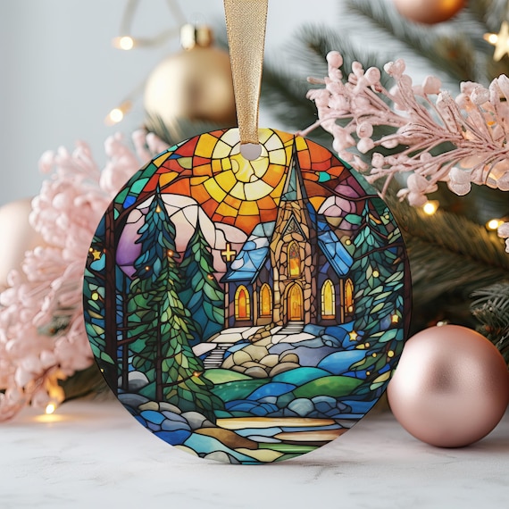 Nativity Chapel Stained Glass Ornament Print Snowy Christmas Church Keepsake