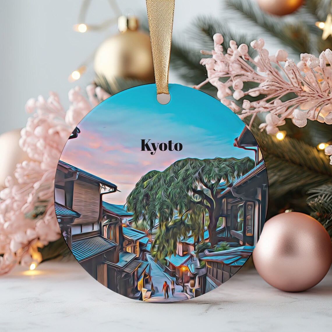 Kyoto Old Street Lanterns Dusk Round Travel Souvenir Wall Art
