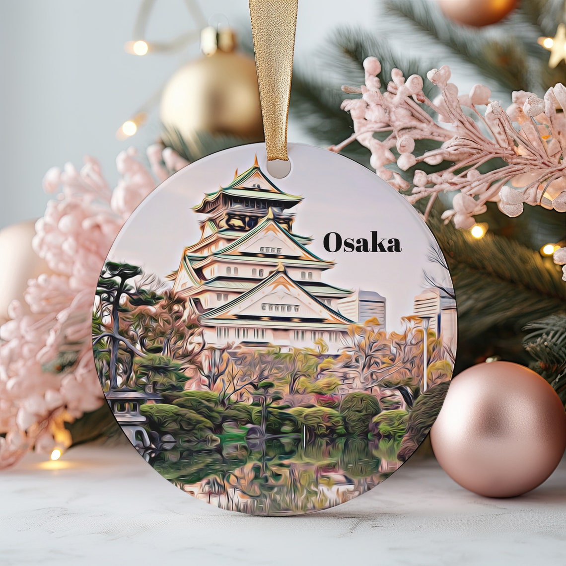 Osaka Japan Castle Round Christmas Ornament Cherry Blossom Gift Poster