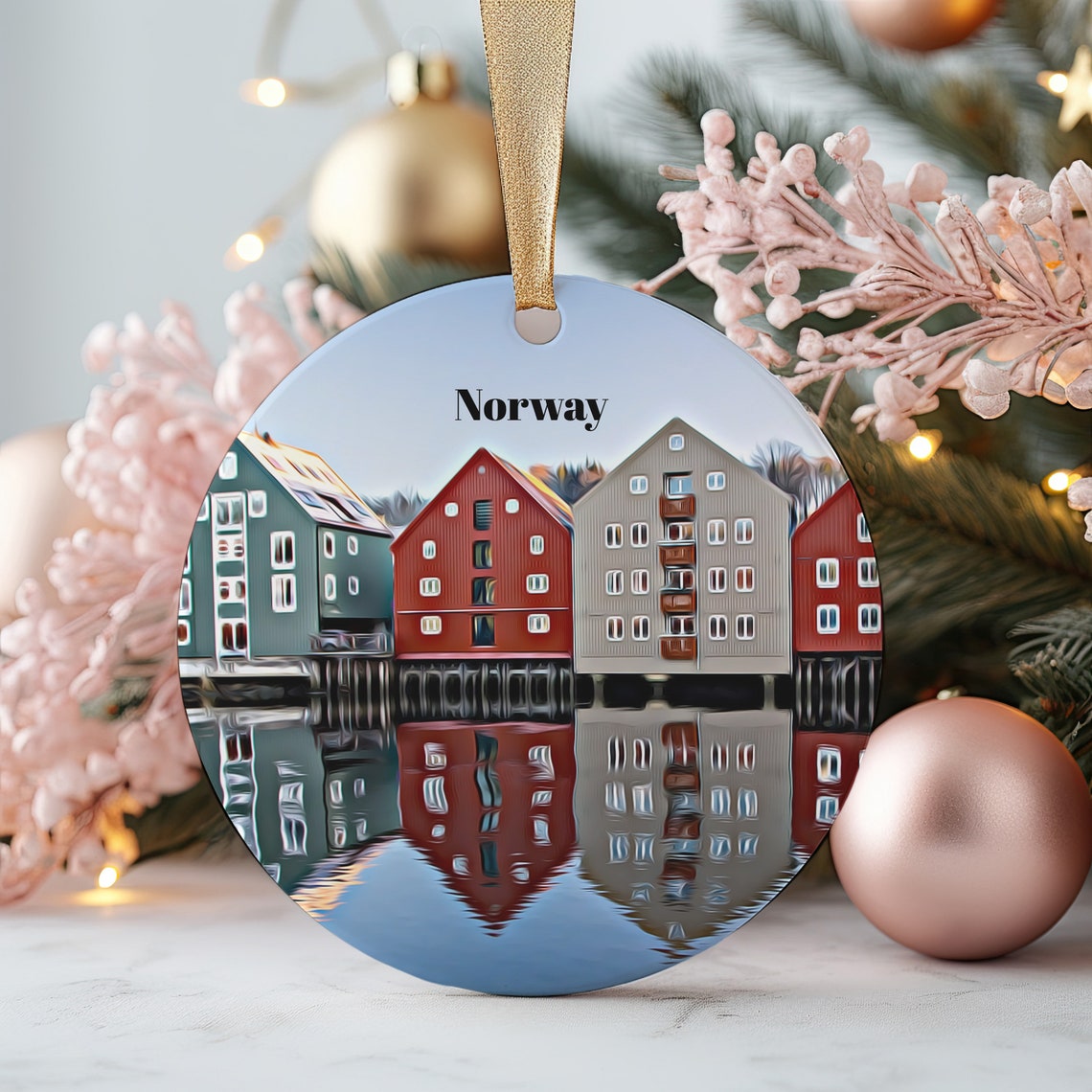 Norway Waterfront Houses Reflection Christmas Ornament Poster
