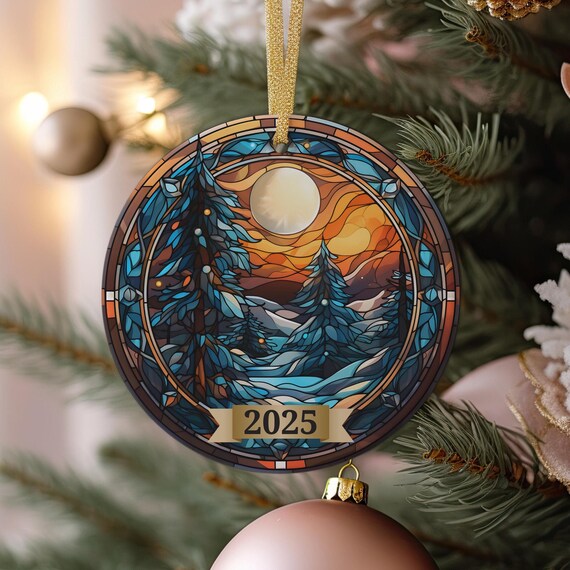 2025 Stained Glass Christmas Ornament Snowy Pines Moonlit Sky Poster