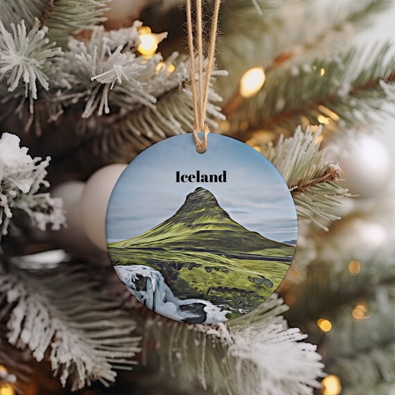 Iceland Scenic Iconic Green Mountain Waterfall Round Travel Poster