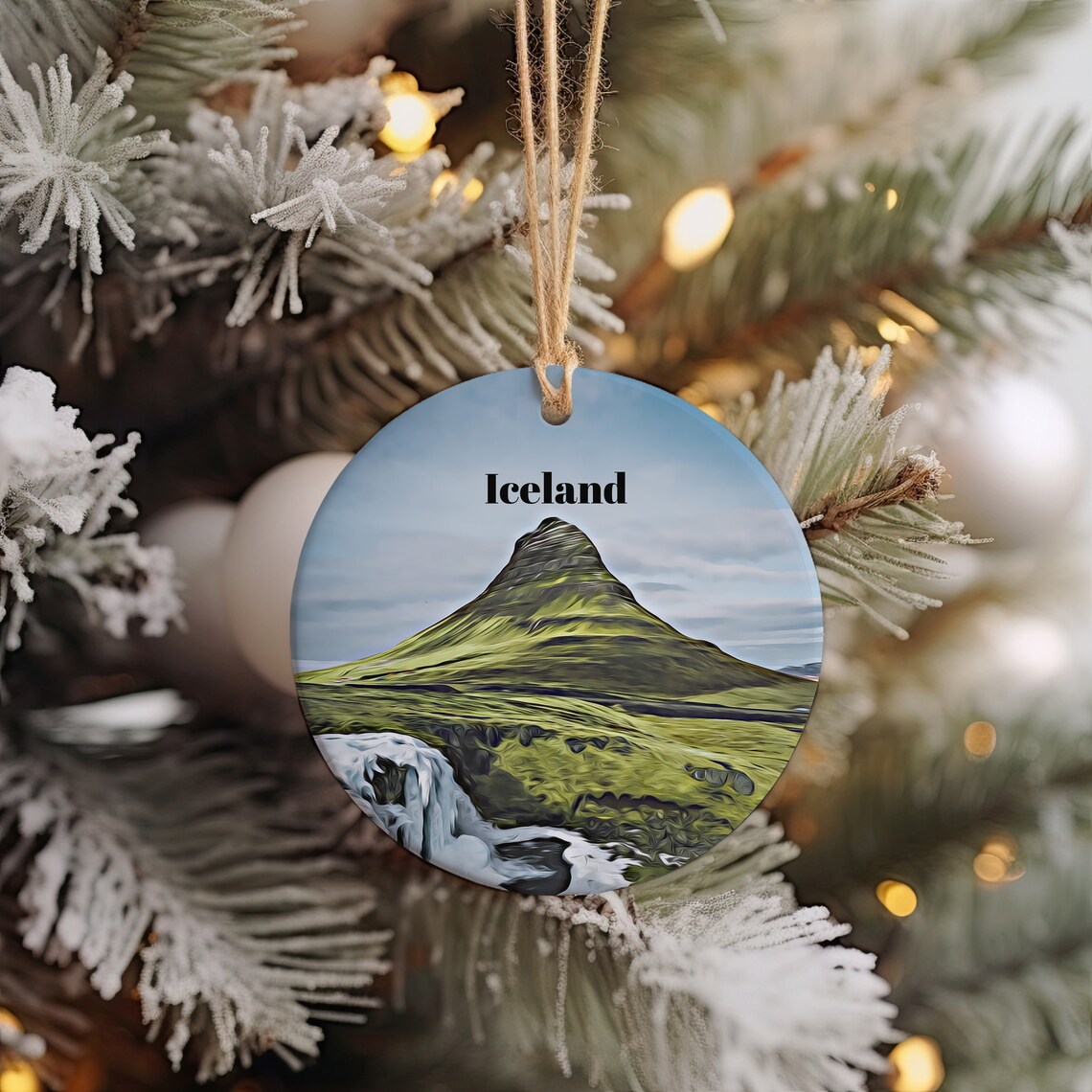 Iceland Scenic Iconic Green Mountain Waterfall Round Travel Poster