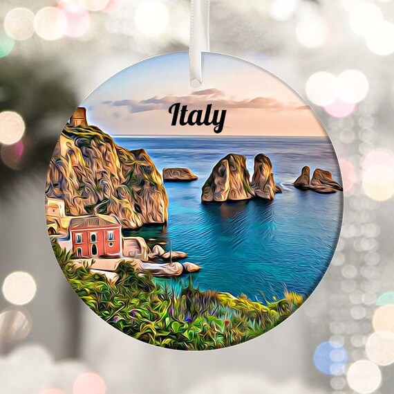Italy Coastal Cliffs Turquoise Sea Village Round Christmas Ornament Poster