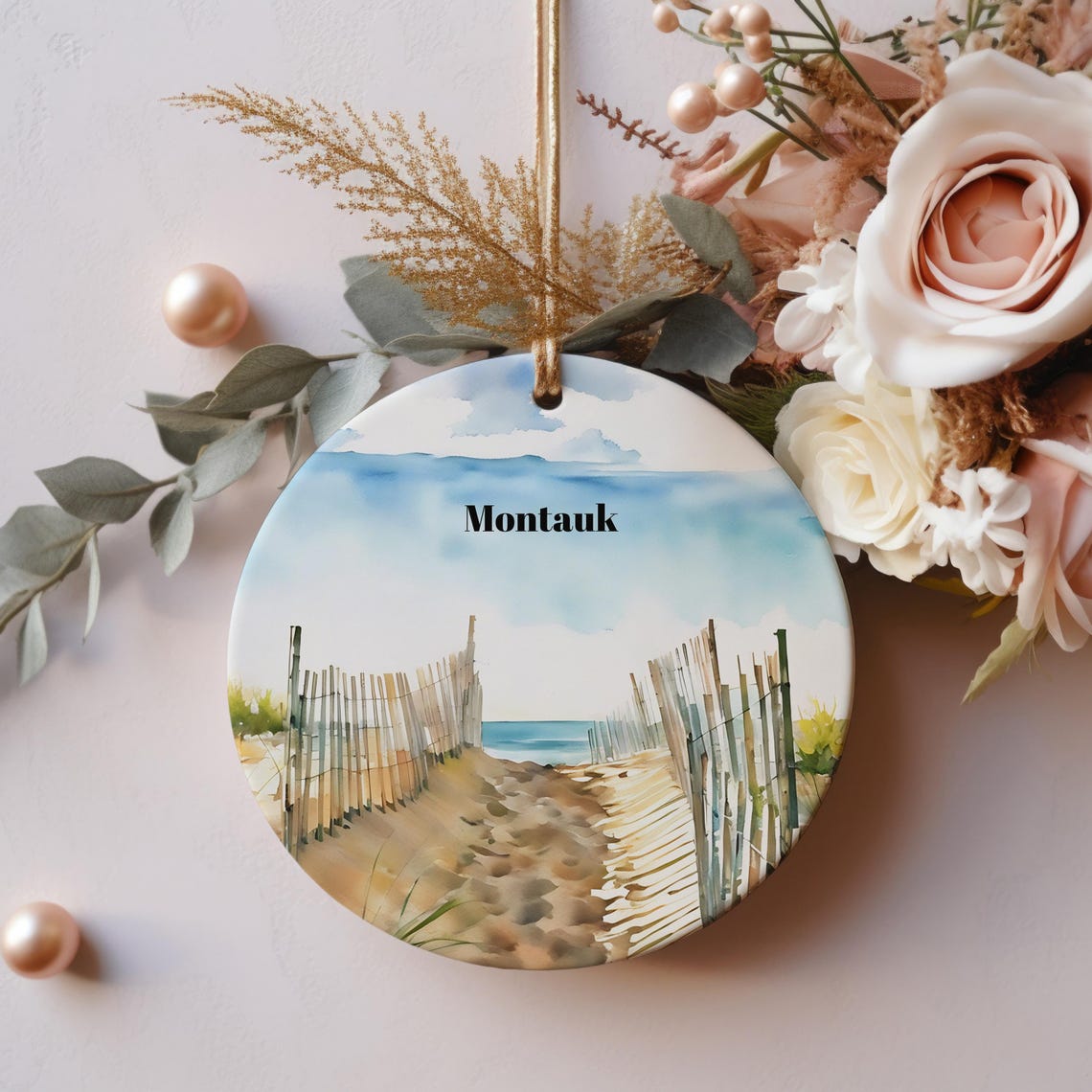 Montauk Beach Dune Fence Ocean Path Watercolor Ornament Poster