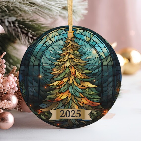 Stained Glass Teal Pine Tree 2025 Christmas Ornament Style Holiday Art Poster