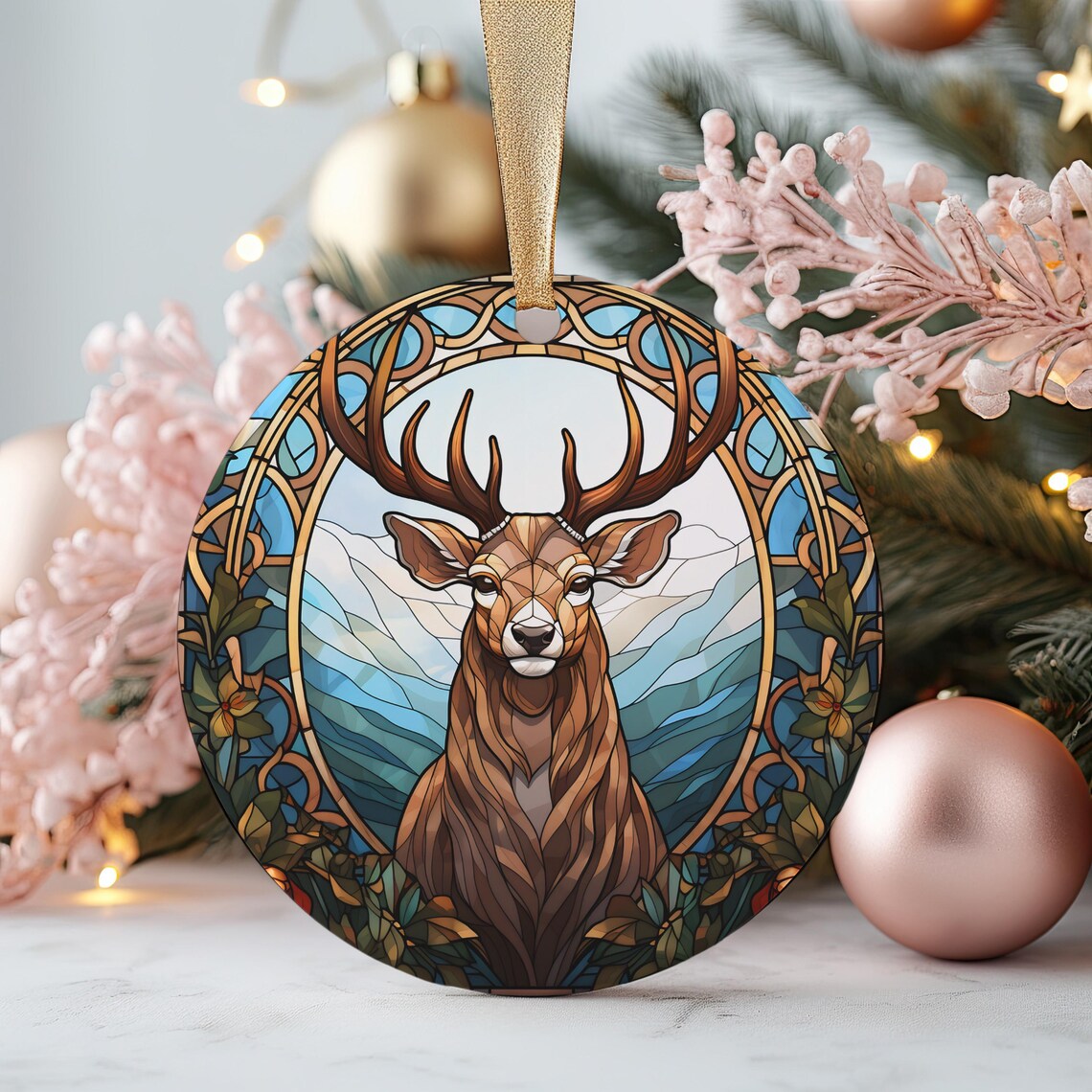 Majestic Stag Deer Stained Glass Christmas Ornament Nature Poster