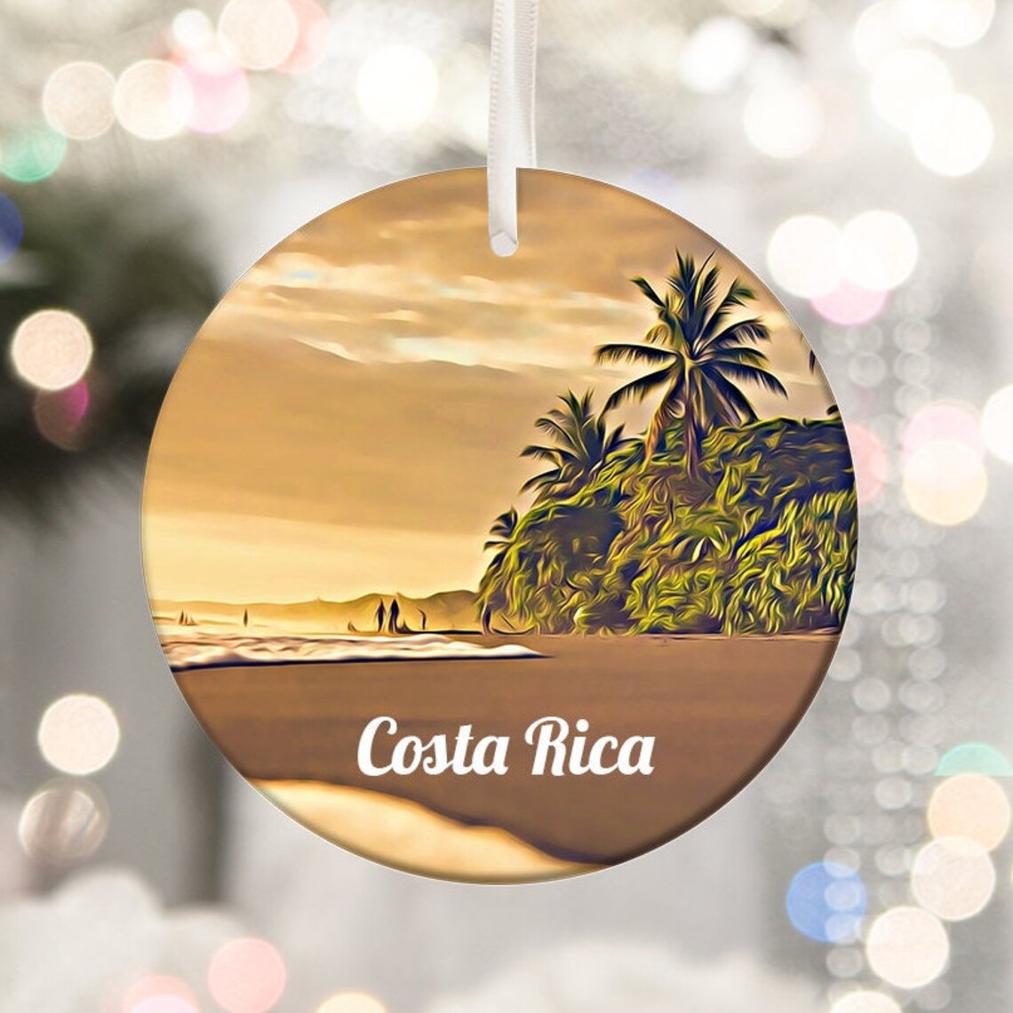 Costa Rica Tropical Beach Sunset Palm Trees Ornament Travel Poster