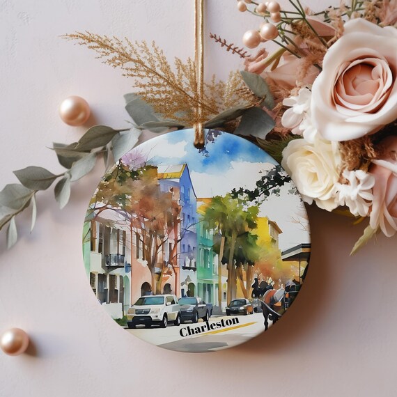 Charleston Historic Watercolor Street Scene Ceramic Christmas Ornament Print