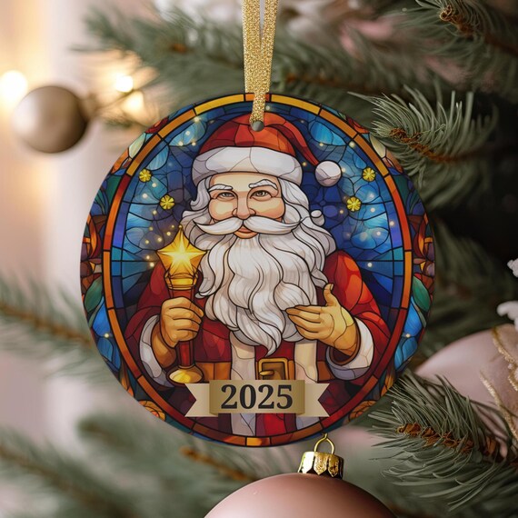 Stained Glass 2025 Santa Claus Star Lantern Christmas Ornament Art Print