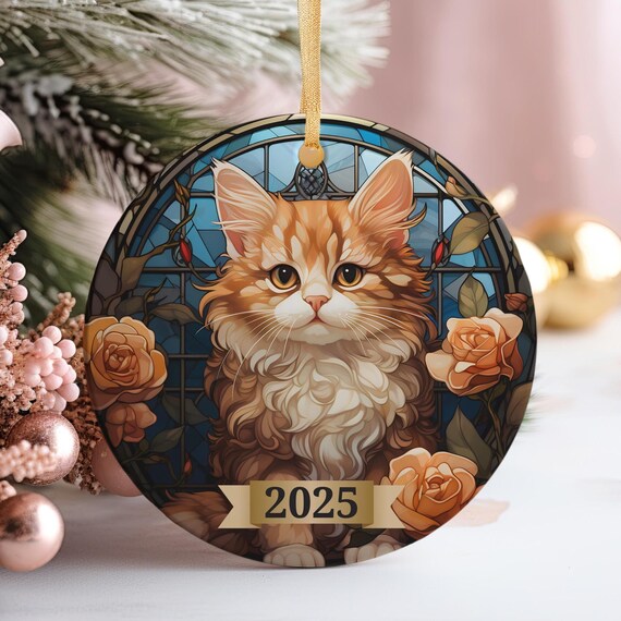 Stained Glass Ginger Cat 2025 Christmas Ornament Style Floral Cat Art Poster