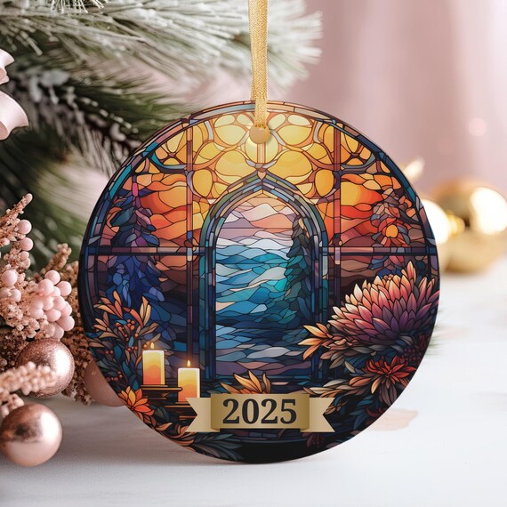 2025 Stained Glass Christmas Ornament Sunset Cathedral Window Poster