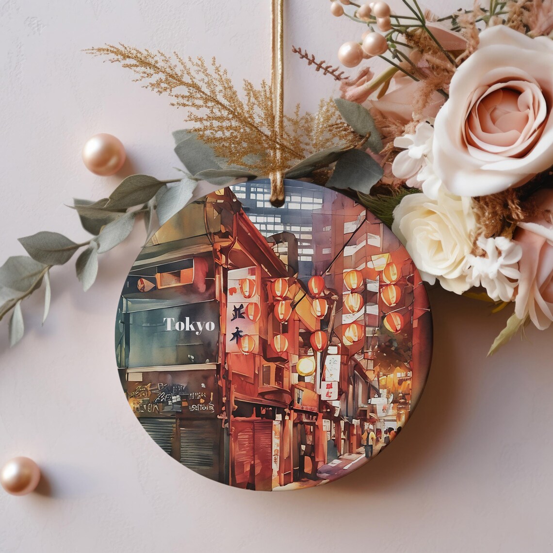 Tokyo Japan Lantern Lit Alley Night Scene Holiday Ornament Poster