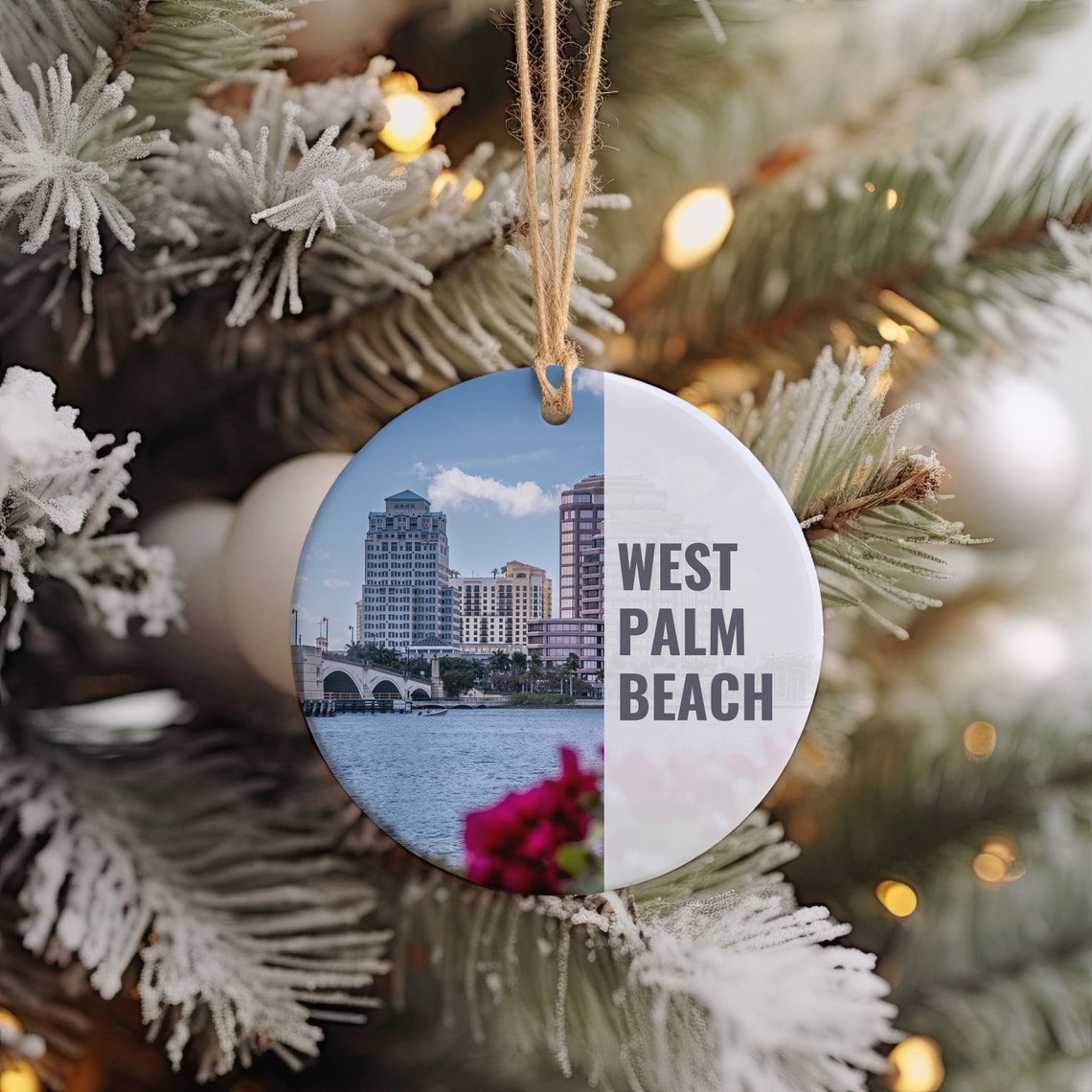 West Palm Beach Florida Skyline Waterfront Christmas Ornament Print