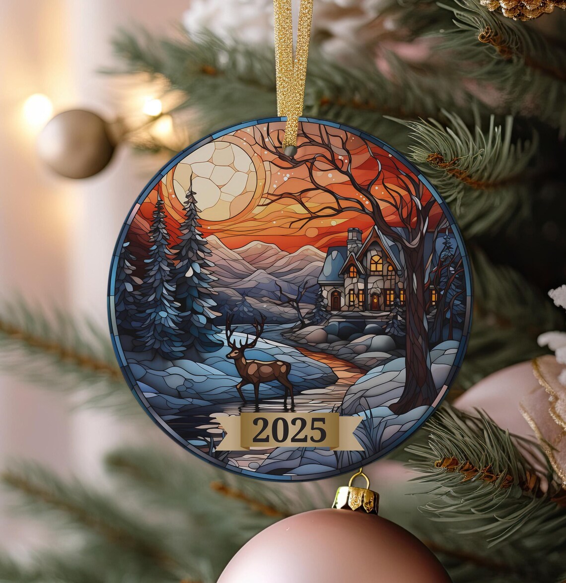 2025 Stained Glass Stag Christmas Ornament Snowy Cottage Sunset Poster